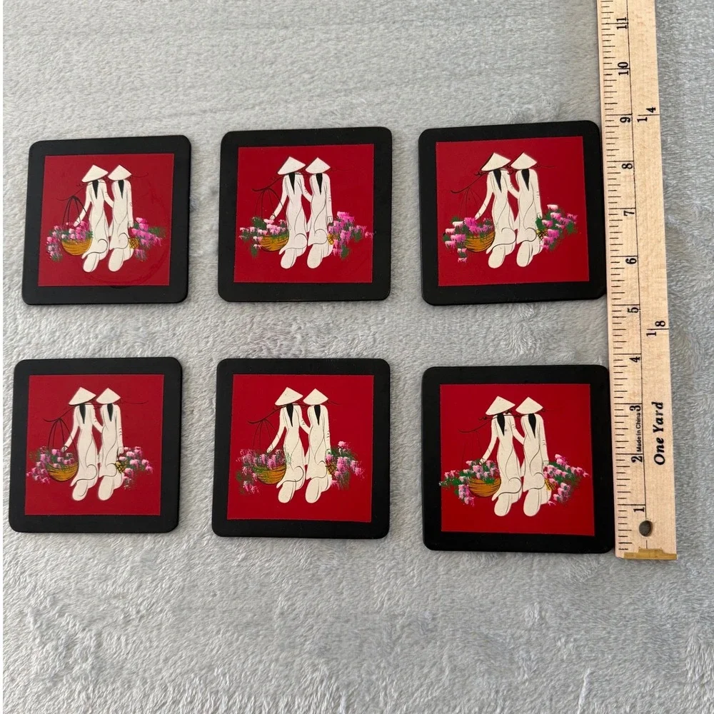 Vintage‎ Vietnamese Lacquer Coaster Set w/ Box – Hand-Painted Áo Dài Art